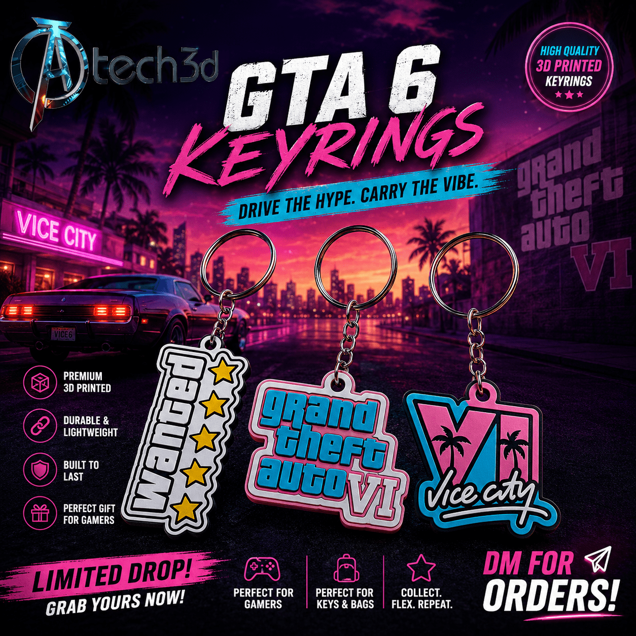 GTA 6 Inspired 3D Printed Keyring | Vice City Gamer Keychain